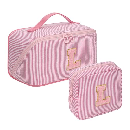Bagmoly 2026 Graduation Gifts Travel Makeup Bag for Women 2Pcs Portable Personalized Initial Makeup Organizer Bag Open Flat Large Cosmetic Bag With Travel Essential Pouch Pink Letter L - Image 1