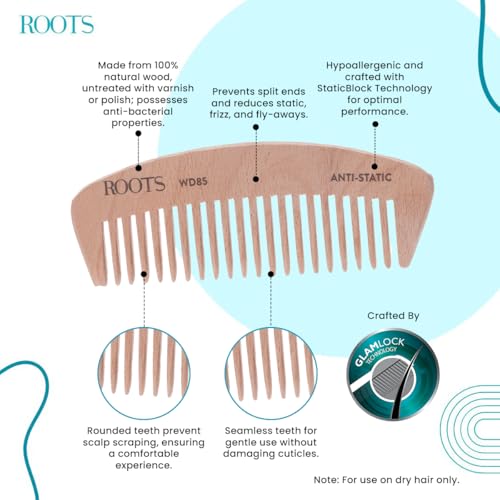 ROOTS Wooden Comb | Wide Teeth | Rounded Teeth prevent Hair & Scalp damage | 100% Natural Wood | Anti-Frizz & Shine | For Long, Thick & Dry Hair | For Men & Women | Length - 4.6 Inch, Model No - WD85 - Image 2