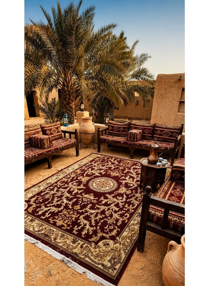 القفاري سجاد أفراح الهنا بنقوش تراثية، مناسب للمجالس والمناسبات الخاصة ، 165×260 سم، باللون احمر وذهبي - Image 1