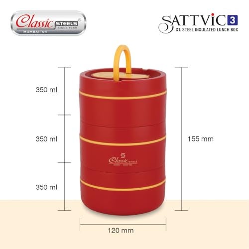 Classic Steels Sattvic Insulated Stainless Steel Lunch Box 2 Containers 350 ml Each & 1 Container 550 ml, 1 Spoon | Microwave Safe | Leak Proof Lunch Box| Keep Your Meal Fresh and Hot Upto 4 Hours - Image 3