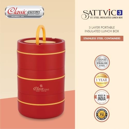 Classic Steels Sattvic Insulated Stainless Steel Lunch Box 2 Containers 350 ml Each & 1 Container 550 ml, 1 Spoon | Microwave Safe | Leak Proof Lunch Box| Keep Your Meal Fresh and Hot Upto 4 Hours - Image 5