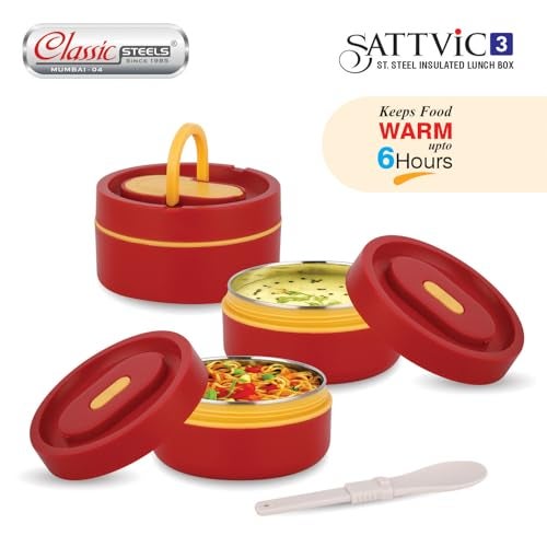 Classic Steels Sattvic Insulated Stainless Steel Lunch Box 2 Containers 350 ml Each & 1 Container 550 ml, 1 Spoon | Microwave Safe | Leak Proof Lunch Box| Keep Your Meal Fresh and Hot Upto 4 Hours - Image 4