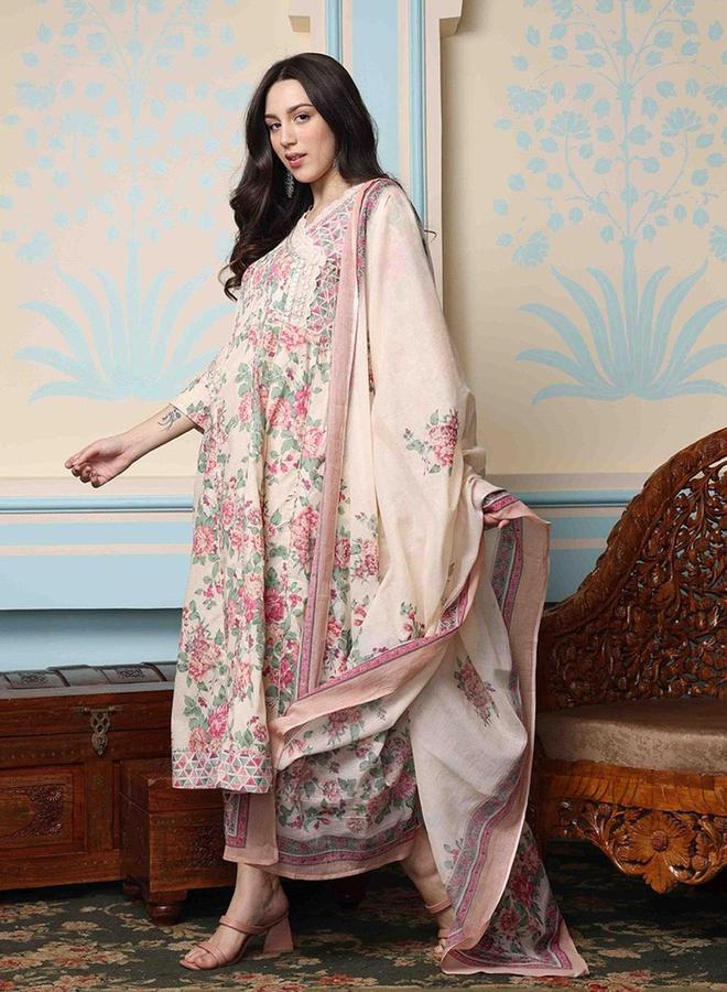 آي شين طقم كورتا وبنطلون ودوباتا قطن بطبعة أزهار من إيشين - Image 3