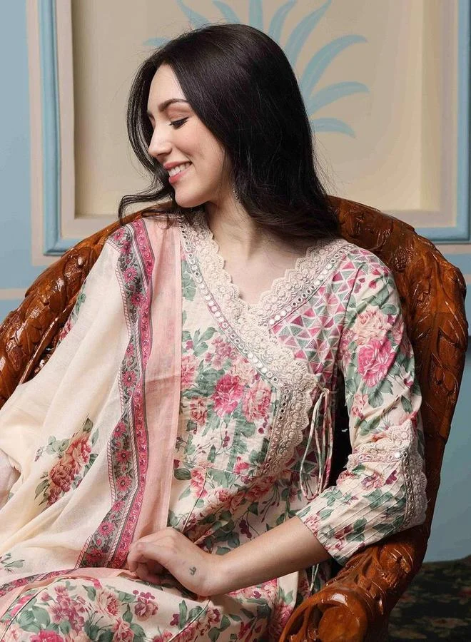 آي شين طقم كورتا وبنطلون ودوباتا قطن بطبعة أزهار من إيشين