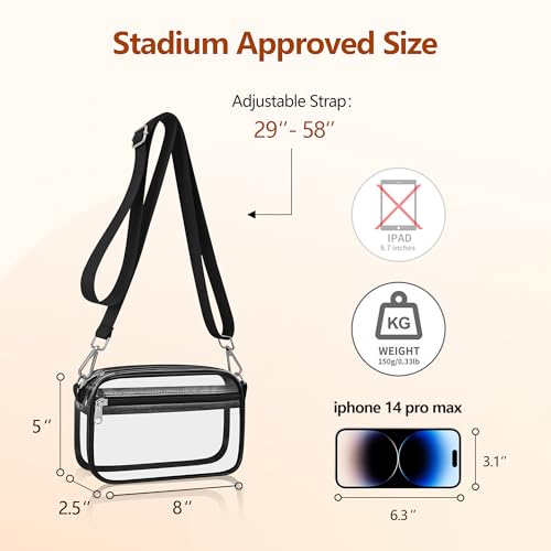 Bagenius Clear Bag for Stadium Events Clear Purse with Removable Strap Transparent Bag for Concert and Sport Events, Black - Image 3