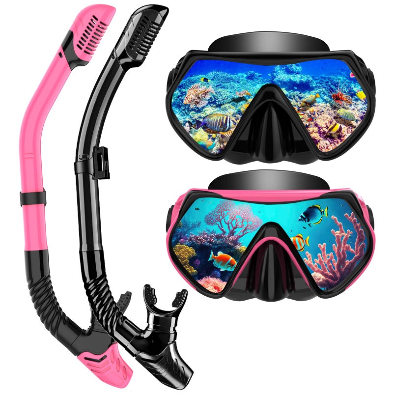 SOLAVA Snorkeling Gear for Adults, Snorkel Set Scuba Diving mask Dry-Top, Adult Swimming Goggles with Nose Cover, HD Tempered Glass Panoramic Anti-Leak Anti-Fog (Black+Pink) - Image 1