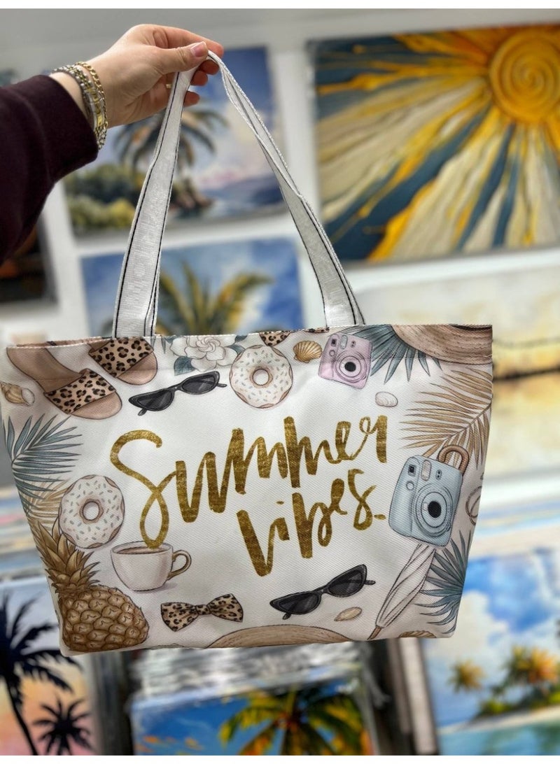 Waterproof beach tote bag with a makeup clutch—a large gabardine beach bag with high-quality double-sided printing, perfect for travel and summer vacations - Image 1