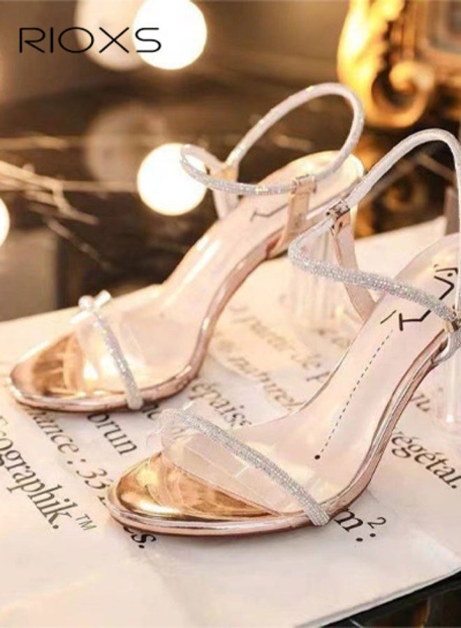 RIOXS Women's Heeled Sandals, Transparent Chunky High Heel Sandals, Ladies Fashion Crystal Heeled Sandals, High Heel Sandals with Ankle Strap for Women, Ladys Round Open Toe Block Heel Sandals, Womens Dress Shoes for Work/ Wedding/ Dating/ Party, Gold Footwear - Image 4