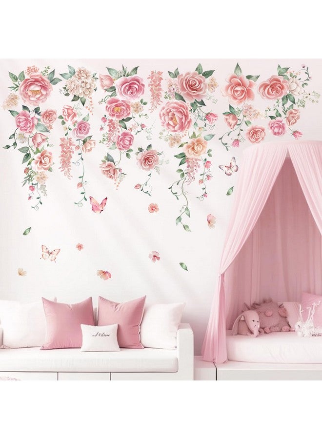 DECOWALL SG3-2428 Rose Vine Wall Stickers Room Decals Bedroom Living Flower Décor Art Floral Pink tv Decoration Butterfly Nursery Peel and Stick - Image 2