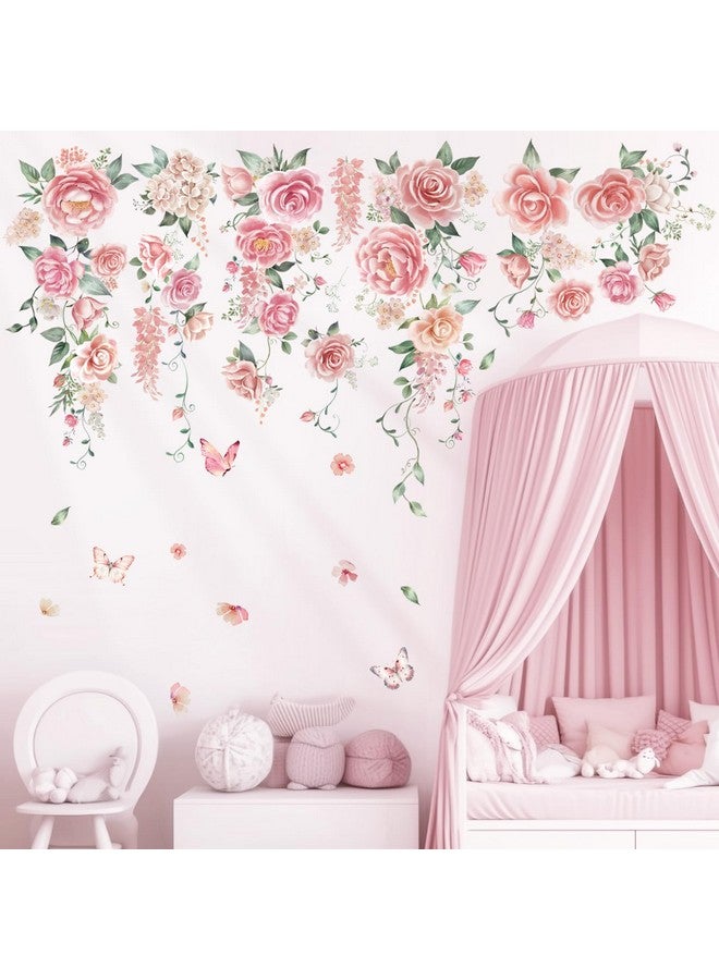 DECOWALL SG3-2428 Rose Vine Wall Stickers Room Decals Bedroom Living Flower Décor Art Floral Pink tv Decoration Butterfly Nursery Peel and Stick - Image 1