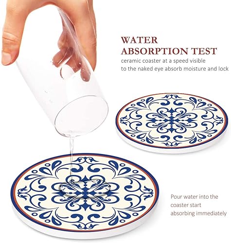 Bribay Coaster for Drinks Set of 6, Blue Vintage Spanish Ceramic Floral Absorbent Round Ceramic Stone Mat, with Cork Base and Metal Holder, Gift for Housewarming Room Bar Decor - Image 3
