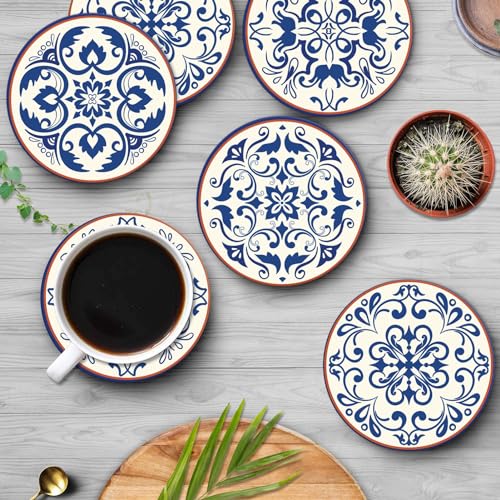 Bribay Coaster for Drinks Set of 6, Blue Vintage Spanish Ceramic Floral Absorbent Round Ceramic Stone Mat, with Cork Base and Metal Holder, Gift for Housewarming Room Bar Decor - Image 5