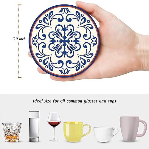 Bribay Coaster for Drinks Set of 6, Blue Vintage Spanish Ceramic Floral Absorbent Round Ceramic Stone Mat, with Cork Base and Metal Holder, Gift for Housewarming Room Bar Decor - Image 4