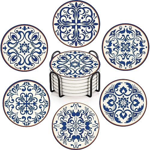 Bribay Coaster for Drinks Set of 6, Blue Vintage Spanish Ceramic Floral Absorbent Round Ceramic Stone Mat, with Cork Base and Metal Holder, Gift for Housewarming Room Bar Decor - Image 1
