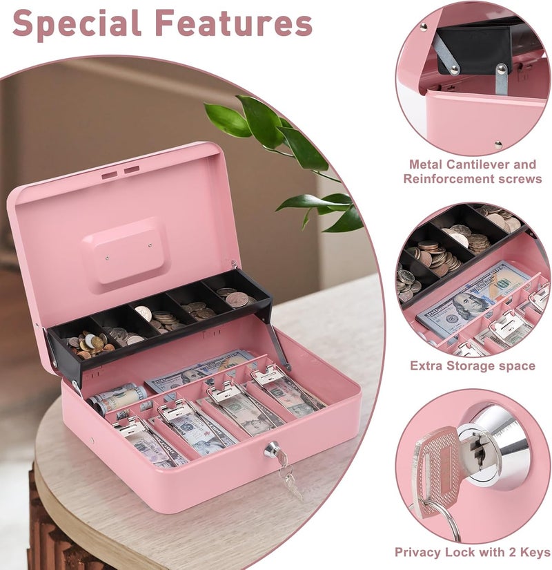 KYODOLED Locking Cash Box with Lock,Money Box with Cash Tray,Lock Safe Box with Key,Money Saving Organizer,11.81Lx 9.45Wx 3.54H Inches,Pink XL Large - Image 5