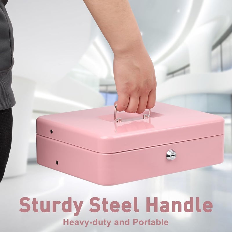 KYODOLED Locking Cash Box with Lock,Money Box with Cash Tray,Lock Safe Box with Key,Money Saving Organizer,11.81Lx 9.45Wx 3.54H Inches,Pink XL Large - Image 4