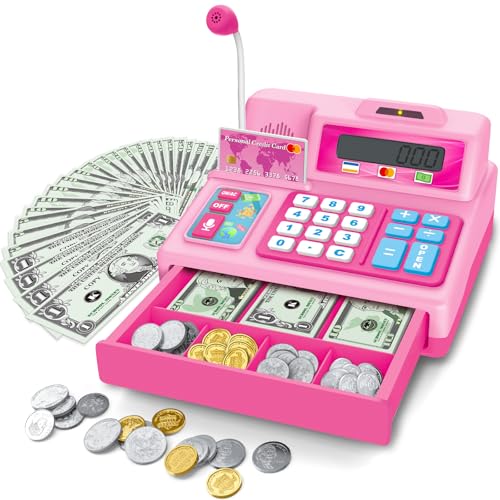 BAODLON Calculator Cash Register 103 Pcs Pink Toy Cash Register Microphone Credit Card and Banking for Kids Early Math Skills Toys Gifts for 3 4 5 6 7 8 Years Old Boys Girls - Image 1