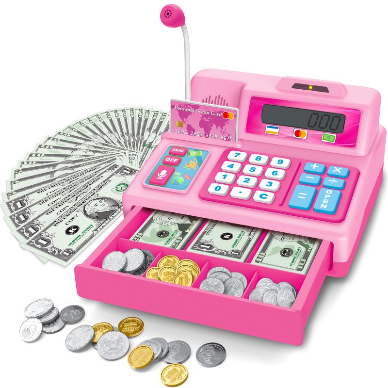 BAODLON Calculator Cash Register 103 Pcs Pink Toy Cash Register Microphone Credit Card and Banking for Kids Early Math Skills Toys Gifts for 3 4 5 6 7 8 Years Old Boys Girls - Image 2