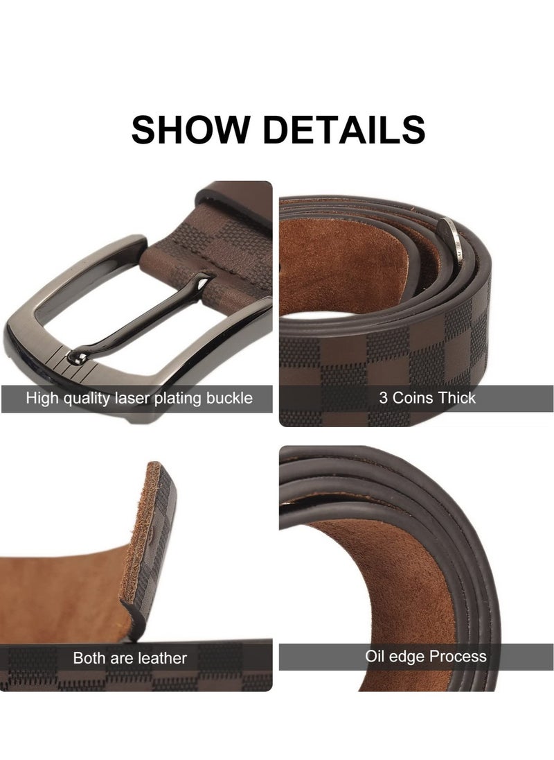 Excefore - Mens Leather Belt Checkerboard Embossed Genuine Leather Belt Adjustable Belts For Jeans Pants Suits Casual Dress Belts - Image 1