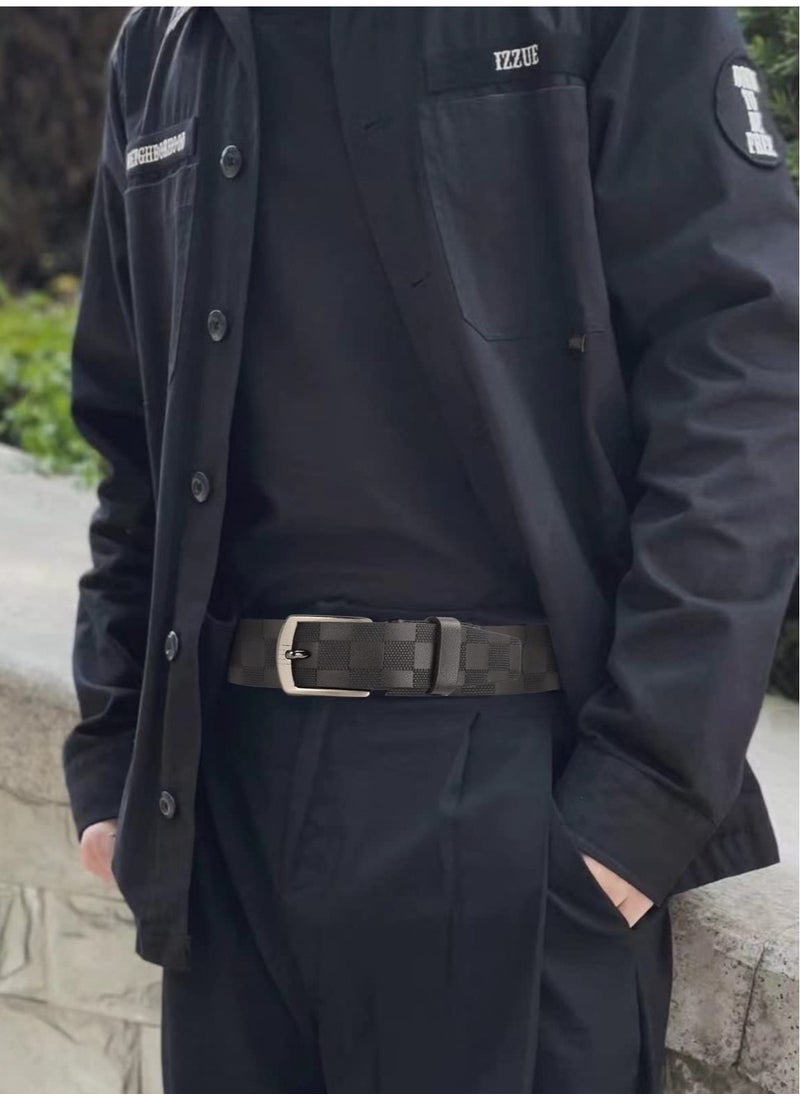 Excefore - Mens Leather Belt Checkerboard Embossed Genuine Leather Belt Adjustable Belts For Jeans Pants Suits Casual Dress Belts - Image 1