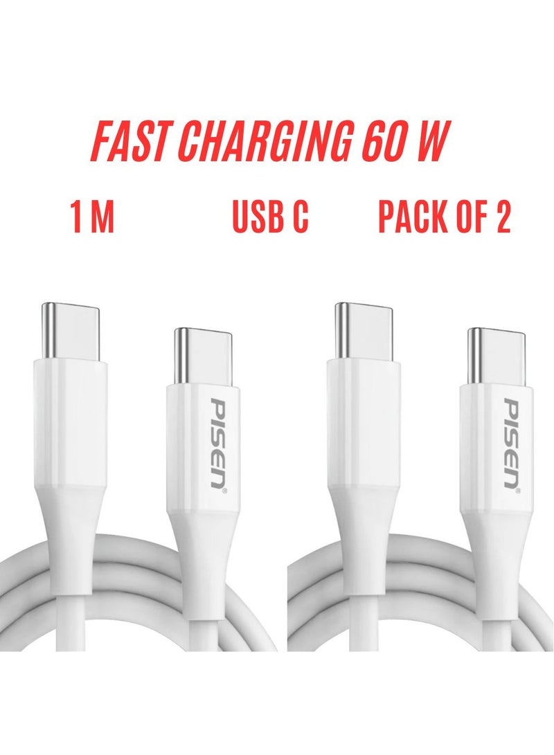 Pisen Pisen USB C to USB C Cable, Type C 60W Fast Charging Cord (3.3FT,2 Pack) for iPhone 16 Pro/ 16 Pro Max, iPhone 15 Series, iPad, MacBook Pro/Air, Samsung, Huawei, Xiaomi, Vivo, Oppo - White  - Image 1