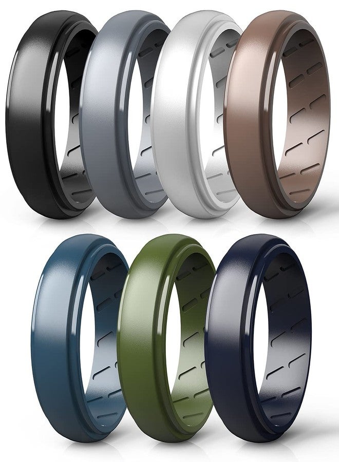 Qinaoco Silicone Ring Men, 2/7 Rings Set Rubber Wedding Bands for Men - Step Edge Airflow Inner Grooves, 8mm Wide, 2.2mm Thick - Image 1
