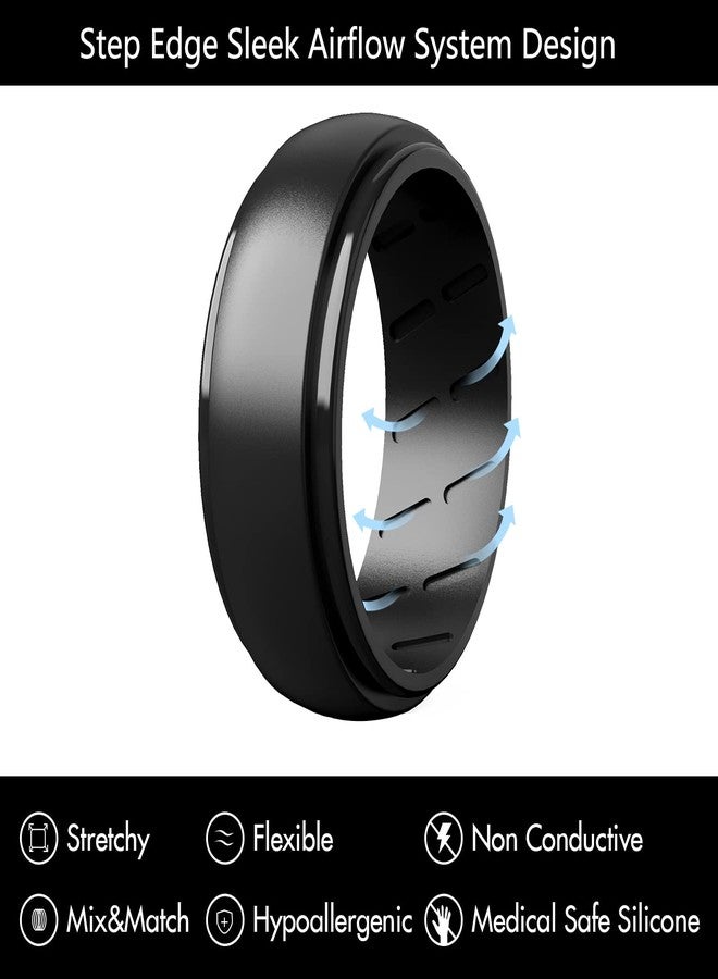 Qinaoco Silicone Ring Men, 2/7 Rings Set Rubber Wedding Bands for Men - Step Edge Airflow Inner Grooves, 8mm Wide, 2.2mm Thick - Image 2
