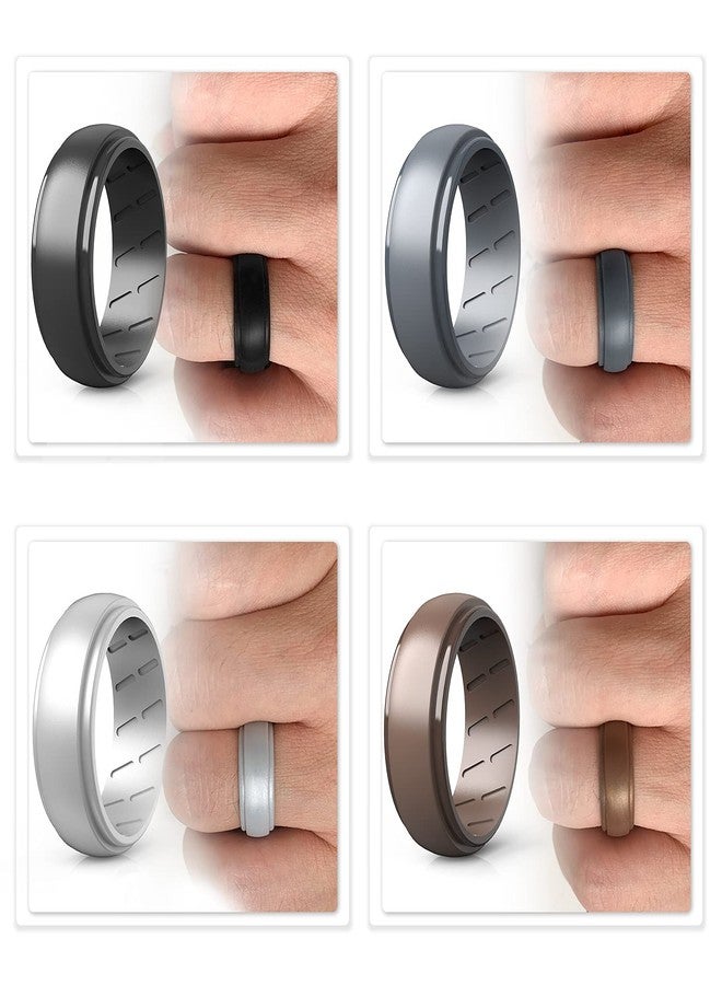 Qinaoco Silicone Ring Men, 2/7 Rings Set Rubber Wedding Bands for Men - Step Edge Airflow Inner Grooves, 8mm Wide, 2.2mm Thick - Image 3
