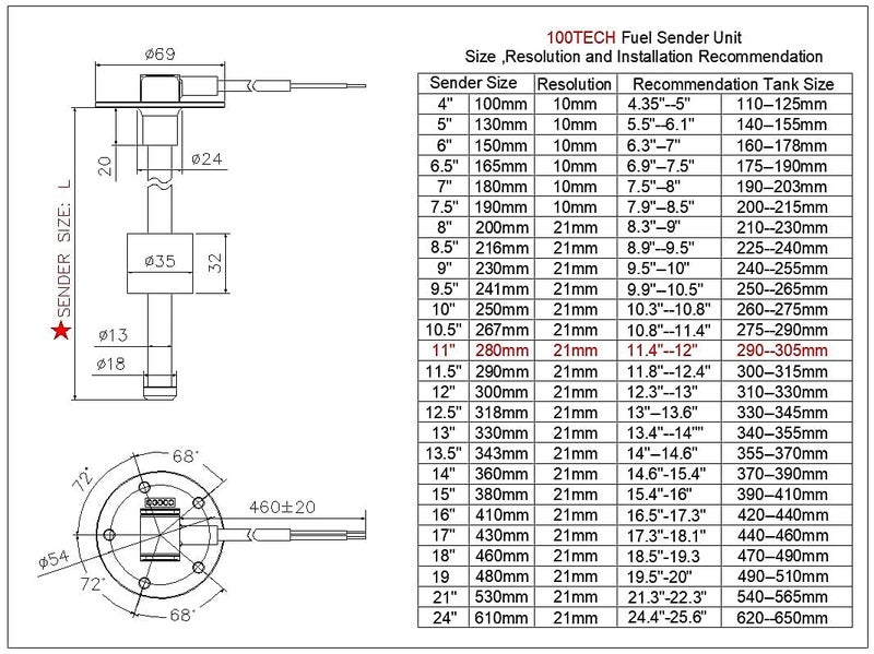 100TECH 11" Boat Fuel Sending Unit and Fuel Gauge - SUS316 Stainless Steel Marine Fuel Level Sender - Image 5
