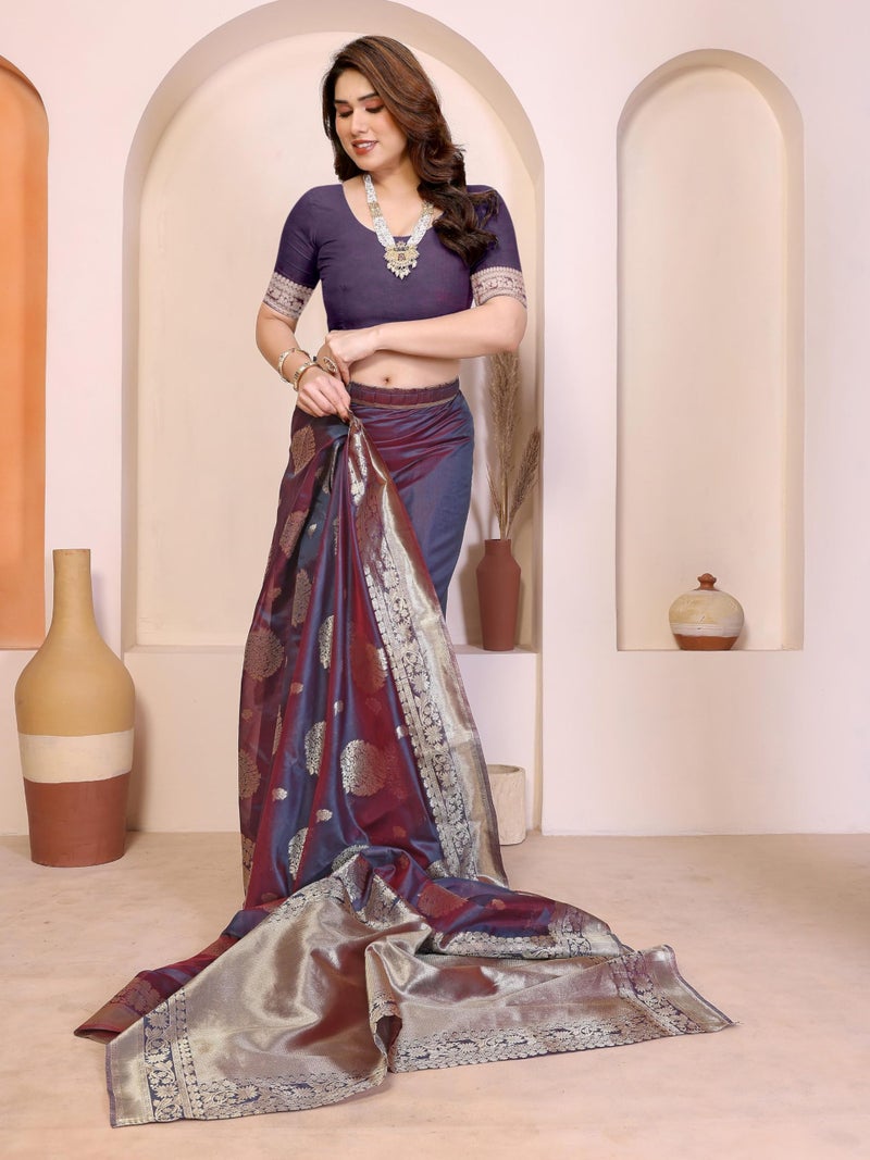 Shiv Textiles Women's Silk Blend Dual Tone Jacquard Ready To wear Saree(S-5039-BLUE) - Image 3