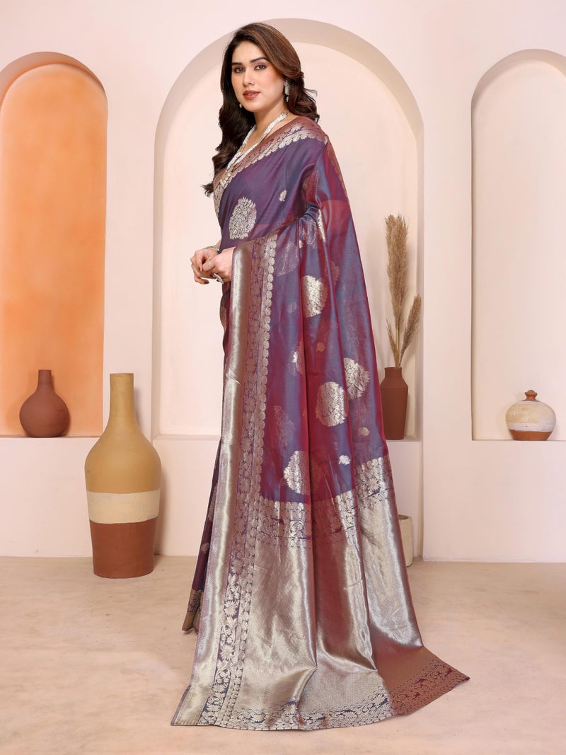 Shiv Textiles Women's Silk Blend Dual Tone Jacquard Ready To wear Saree(S-5039-BLUE) - Image 5