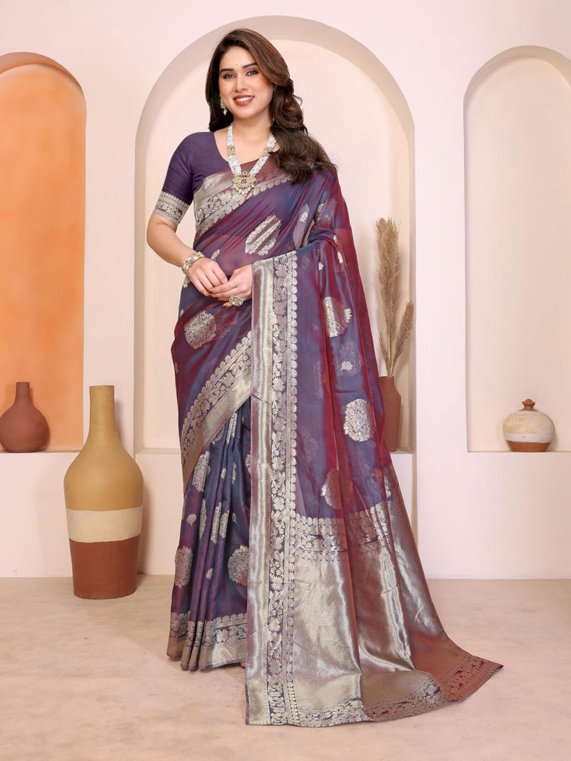 Shiv Textiles Women's Silk Blend Dual Tone Jacquard Ready To wear Saree(S-5039-BLUE) - Image 2
