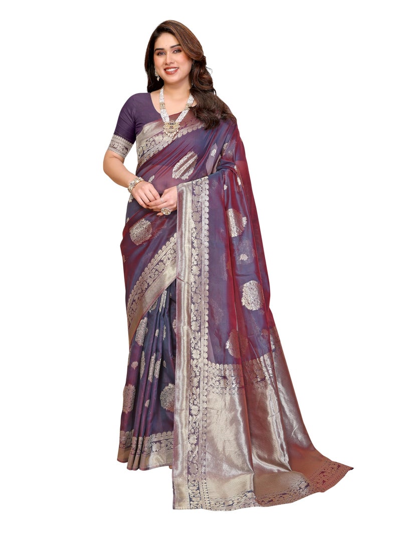 Shiv Textiles Women's Silk Blend Dual Tone Jacquard Ready To wear Saree(S-5039-BLUE) - Image 1