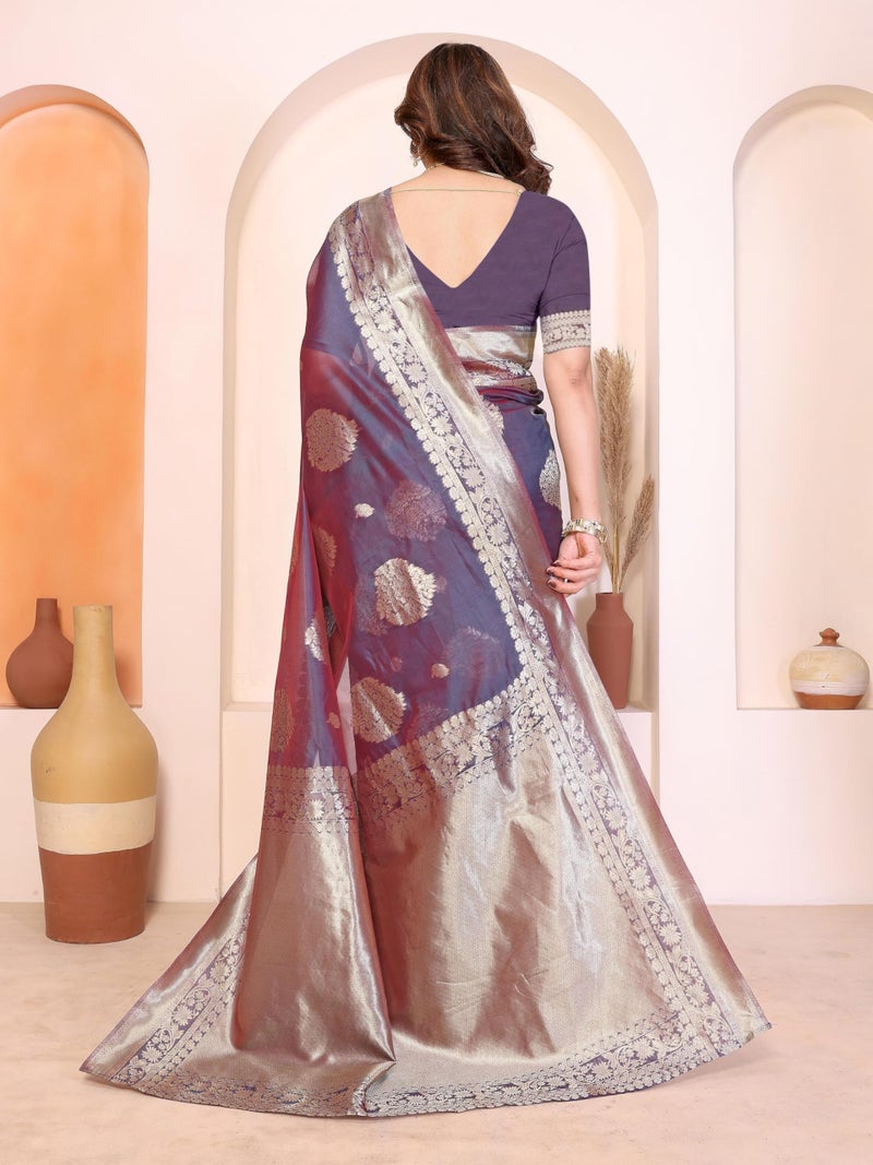 Shiv Textiles Women's Silk Blend Dual Tone Jacquard Ready To wear Saree(S-5039-BLUE) - Image 4
