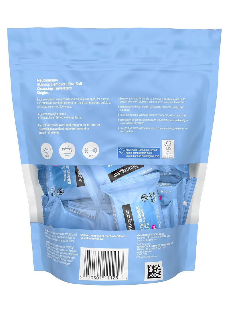 Neutrogena Neutrogena Facial Cleansing Towelette Singles, Daily Face Wipes to Remove Dirt, Oil, Makeup & Waterproof Mascara, Gentle, Alcohol-Free, Individually Wrapped, 20 Count - Image 2