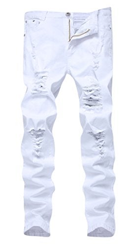 FREDD MARSHALL Men's White Skinny Slim Fit Ripped Distressed Destroyed Stretch Jeans Pants,White,34W - Image 1