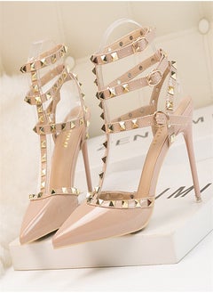 Eloshman 10cm LacquerLeather Metal Rivet Hollowed Out Roman Slim Heel High Heels Light Beige  - Image 3
