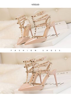 Eloshman 10cm LacquerLeather Metal Rivet Hollowed Out Roman Slim Heel High Heels Light Beige  - Image 2