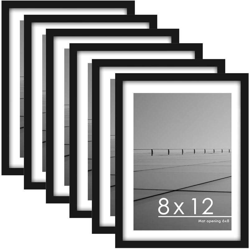 PEALSN 8x12 Picture Frame Set of 6  Display Pictures 6 x 8 with Mat or 8 x 12 Without Mat for Wall Mounting or Table Top Display  Photo Frames Collage for Wall Decor  Black - Image 1