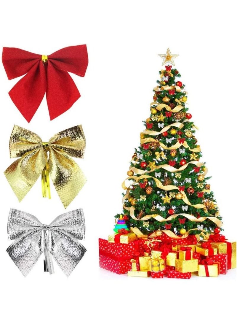 ACLIX Christmas Ribbon Bows Ornaments Mini Xmas Tree Bowknot Decoration Velvet Ribbon Bows Glitter Bow Xmas Tree Hanging Ornaments for Wreaths Gift Wrapping Supplies, Red/Gold/Silver - Image 2