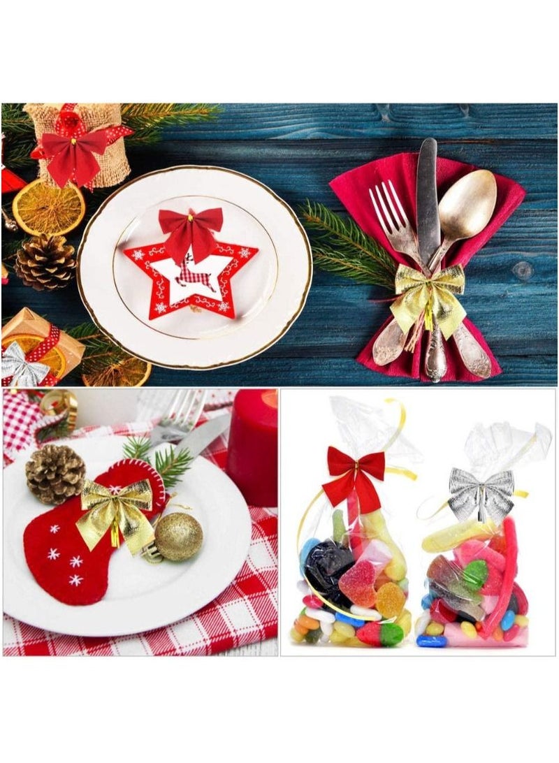 ACLIX Christmas Ribbon Bows Ornaments Mini Xmas Tree Bowknot Decoration Velvet Ribbon Bows Glitter Bow Xmas Tree Hanging Ornaments for Wreaths Gift Wrapping Supplies, Red/Gold/Silver - Image 3