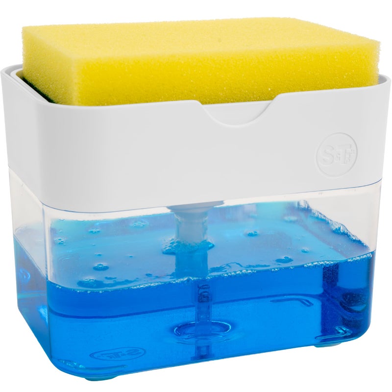 S&T INC. ST INC Dish Soap Dispenser and Sponge Holder for Kitchen Sink with Enhanced Features Sponge Included 13 Ounces Matte White