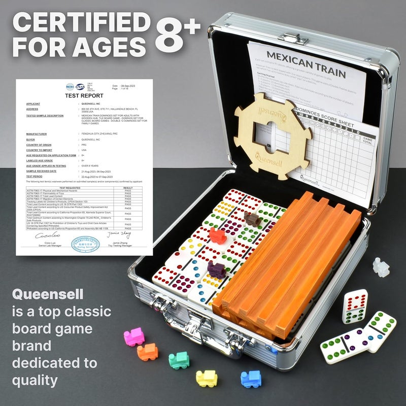 Queensell Mexican Train Dominoes Set with 4 Holders - Dominoes Double 12 with Wooden Hub and Tiles Holders - Double 12 Dominos Set for Family Game Night for Adults and Kids Ages 8 and up (D12 + 4 Holders) - Image 4
