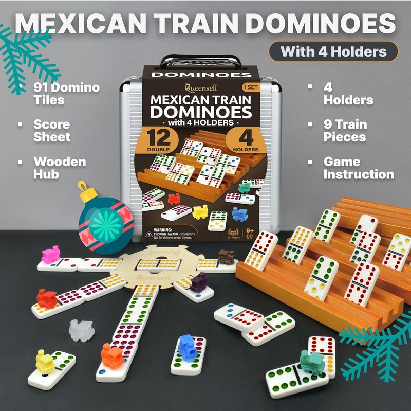 Queensell Mexican Train Dominoes Set with 4 Holders - Dominoes Double 12 with Wooden Hub and Tiles Holders - Double 12 Dominos Set for Family Game Night for Adults and Kids Ages 8 and up (D12 + 4 Holders) - Image 2