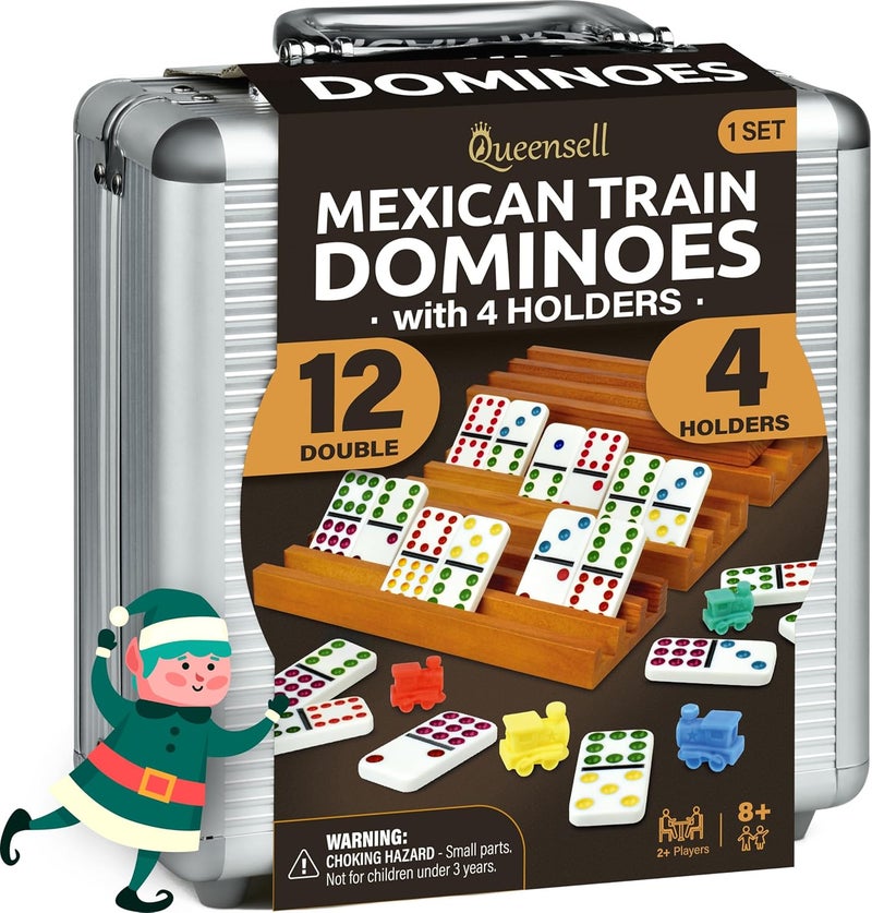 Queensell Mexican Train Dominoes Set with 4 Holders - Dominoes Double 12 with Wooden Hub and Tiles Holders - Double 12 Dominos Set for Family Game Night for Adults and Kids Ages 8 and up (D12 + 4 Holders) - Image 1