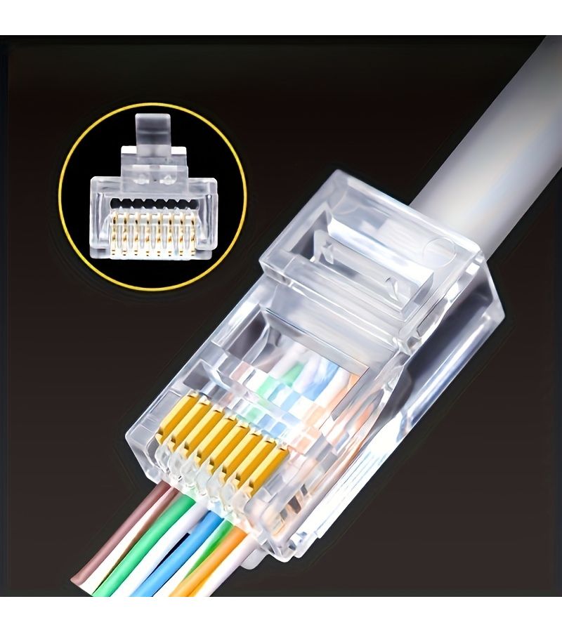 100 قطعة من موصلات RJ45 من الفئة 6 والفئة 5e القابلة للمرور، مطلية بالذهب، قابس كابل شبكة UTP - Image 4