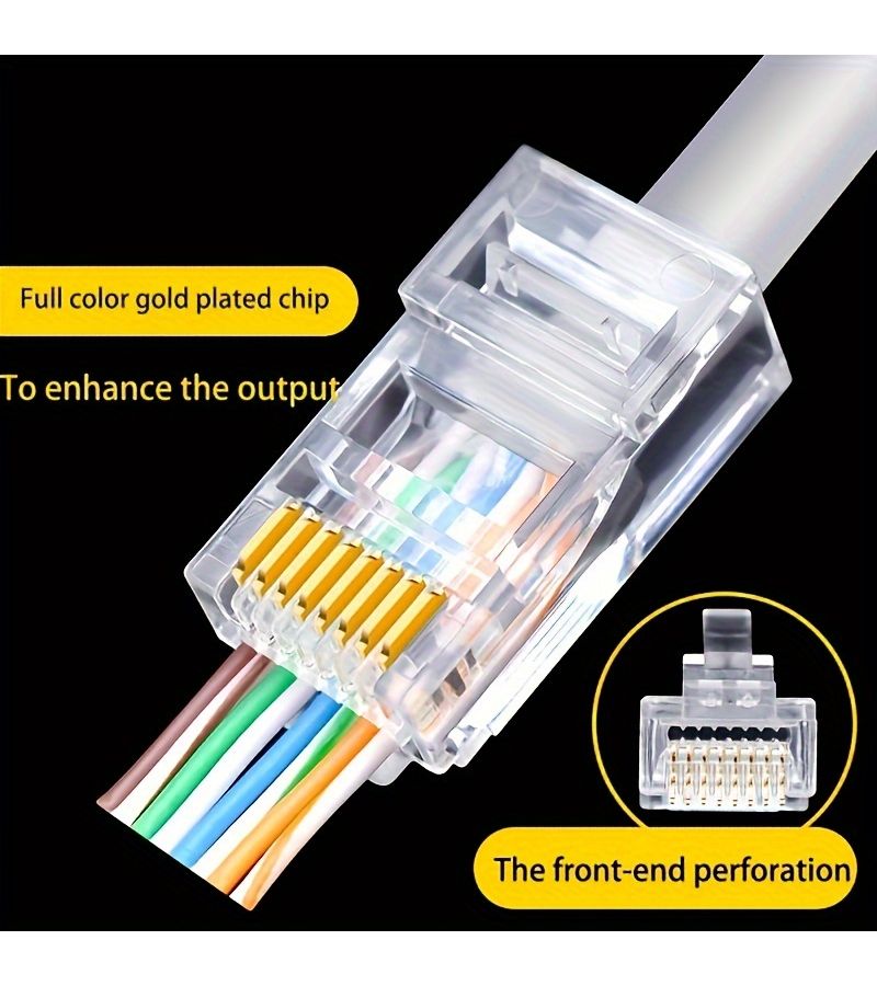 100 قطعة من موصلات RJ45 من الفئة 6 والفئة 5e القابلة للمرور، مطلية بالذهب، قابس كابل شبكة UTP - Image 1