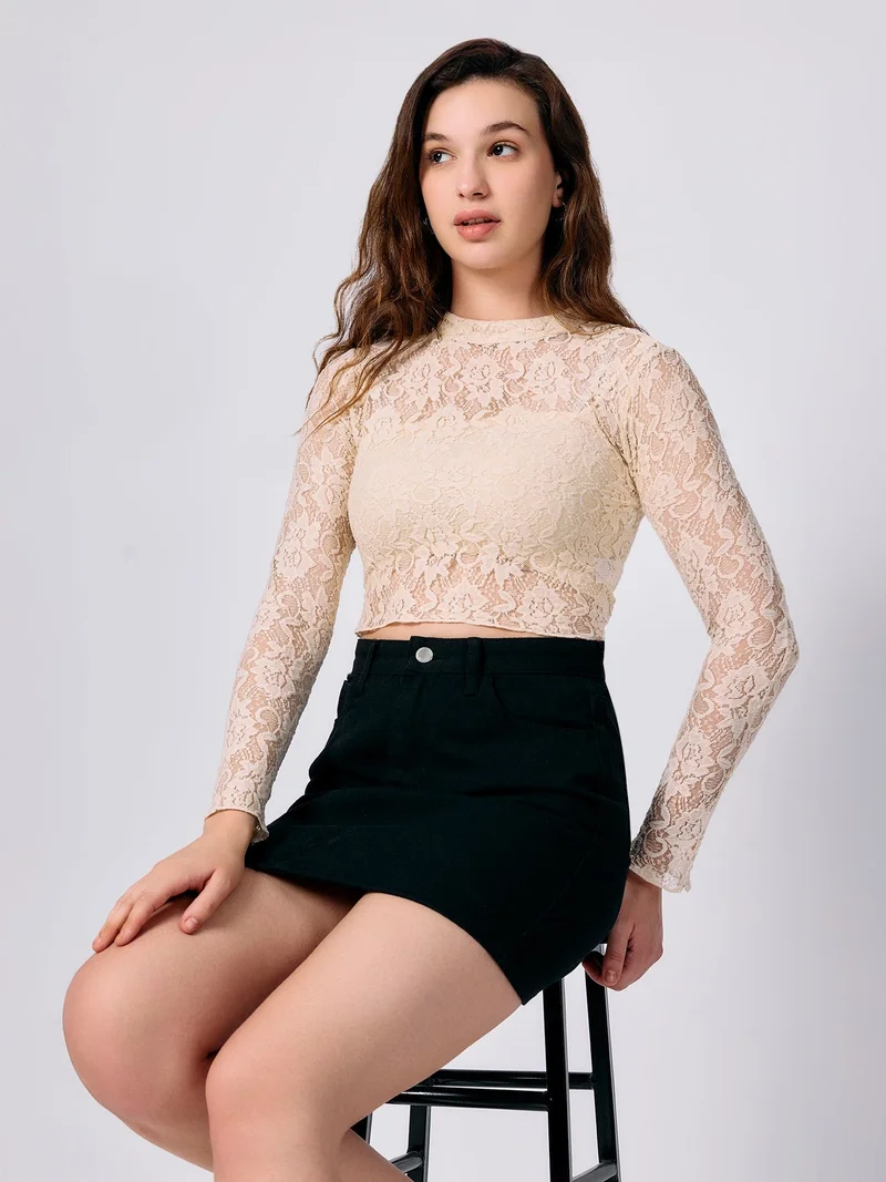Outzidr  Beige Full Sleeve Fitted Lace Crop Top for Women | Best Price UAE