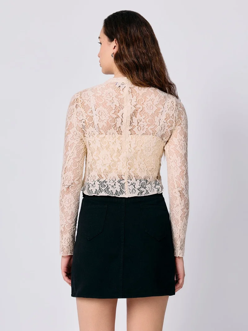 Outzidr  Beige Full Sleeve Fitted Lace Crop Top for Women | Best Price UAE