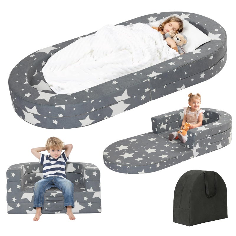 Tykacna Travel Toddler Bed, 3-in-1 Portable Foldable Toddler Chair,Soft Foam Floor Bed Lounger with Washable Cover,Star - Image 1